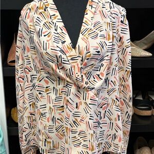 CAbi Women's Patterned Blouse in Cream, Black, and Orange